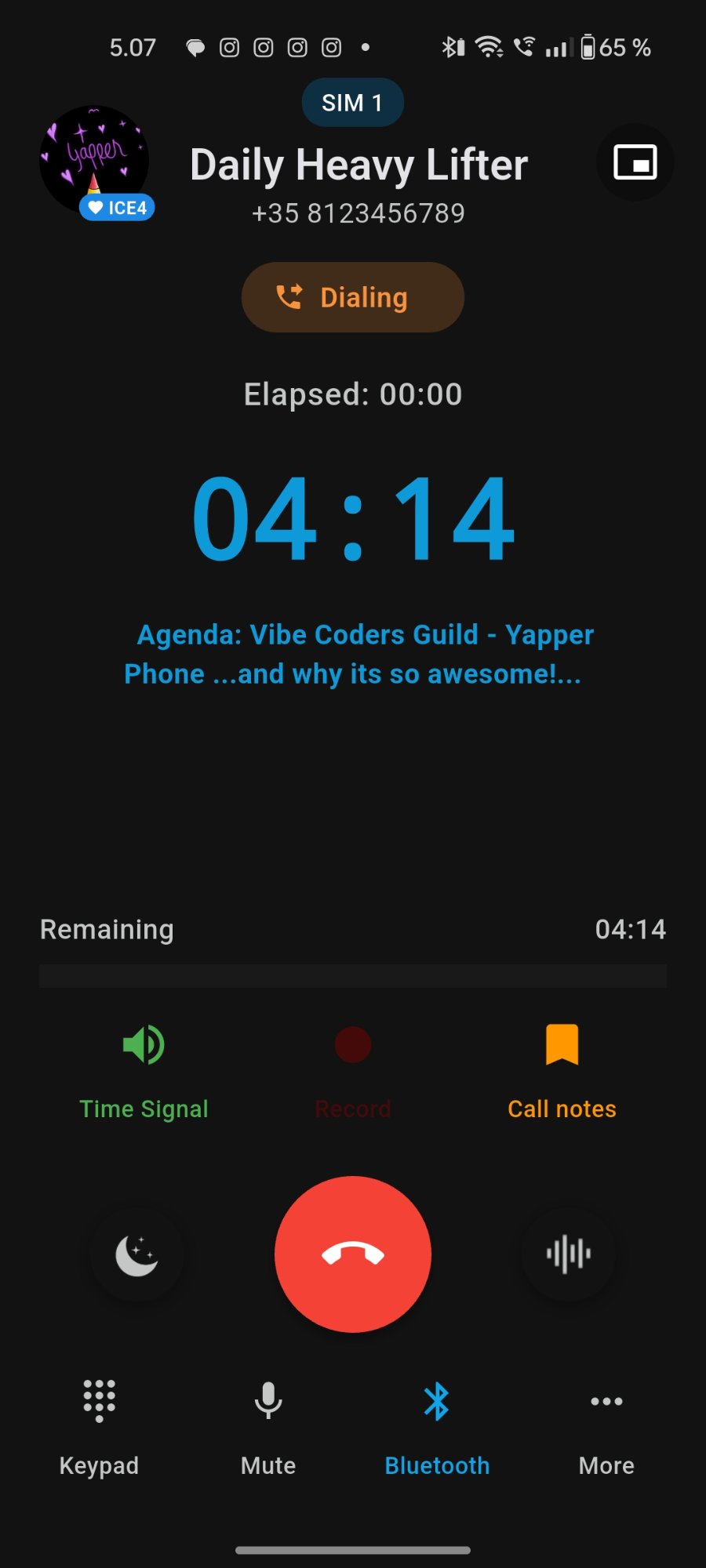 Yapper in-call screen showing timer counting down