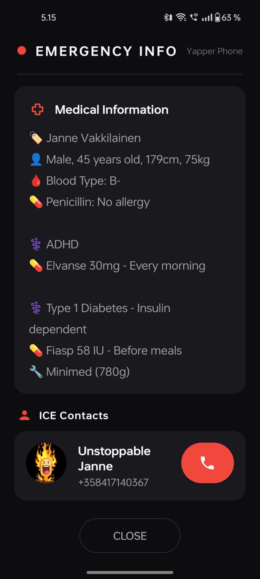 Yapper Emergency Info screen