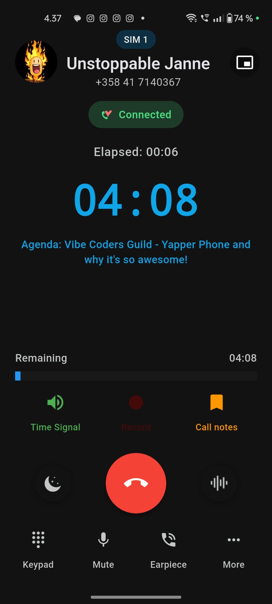 Yapper Phone in-call screen showing countdown timer at 04:08 with 6 seconds elapsed, green Connected status and agenda topic