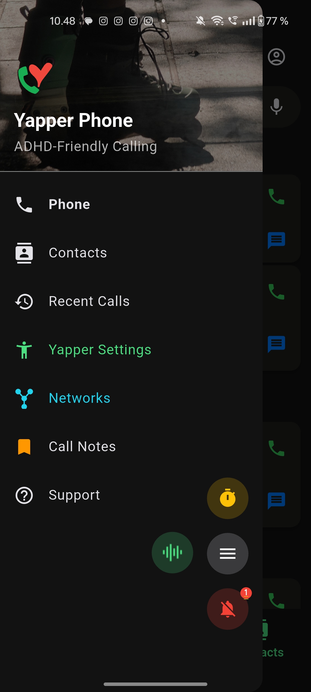 Yapper Phone menu showing Focus Sound and Time Signal controls