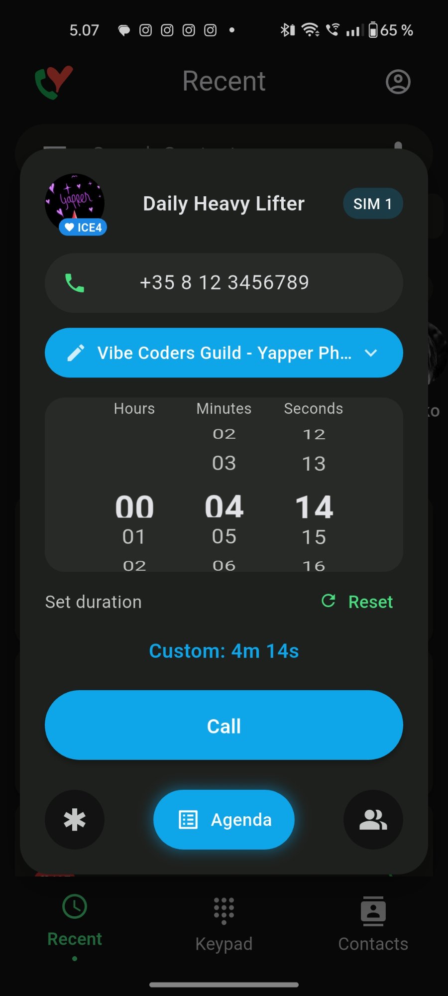Yapper pre-call setup showing duration picker